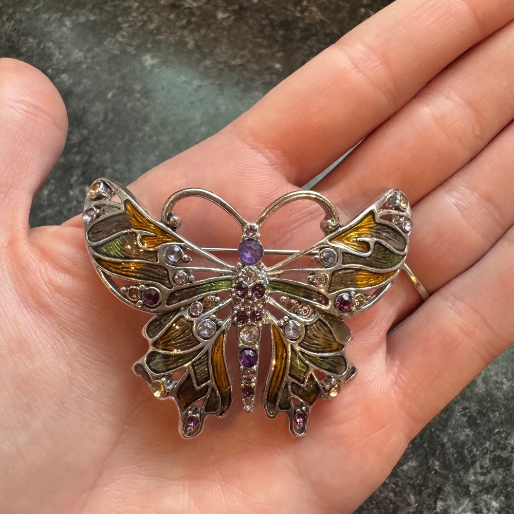 Monet Butterfly Brooch Silver Tone Enamel Purple Rhinestone Vintage Pin